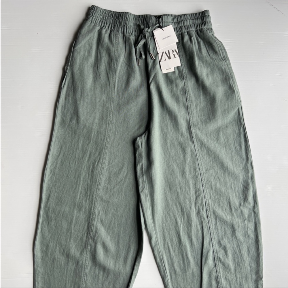 ZARA WASHED EFFECT LINEN BLEND PANTS LIGHT KHAKI/GREEN CARGO NWT